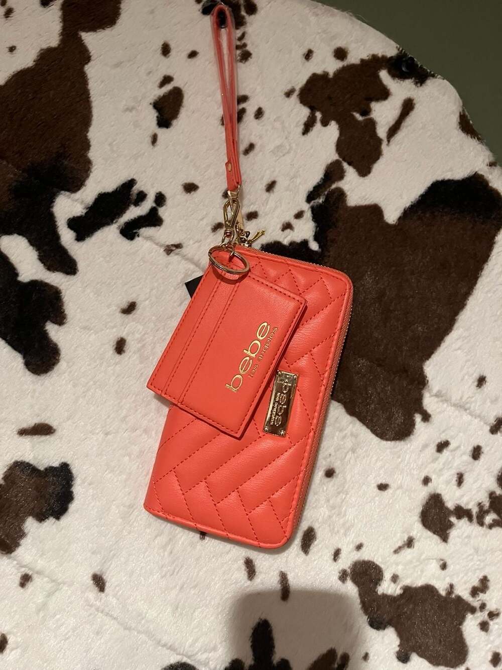 bebe Coral Quilted Zip Around Wallet with Attached Cardholder and Wristlet